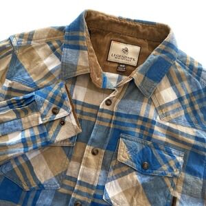 Legendary Whitetails Mens Plaid Flannel Shirt Blue Tan Corduroy Trim Medium